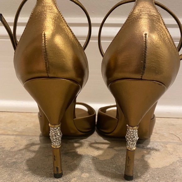 GUCCI Bronze Leather Peep Crystal Bamboo Heels - Picture 9 of 11